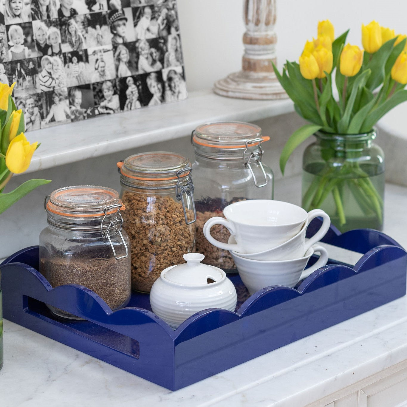 Tea cups on a navy blue lacquer tray