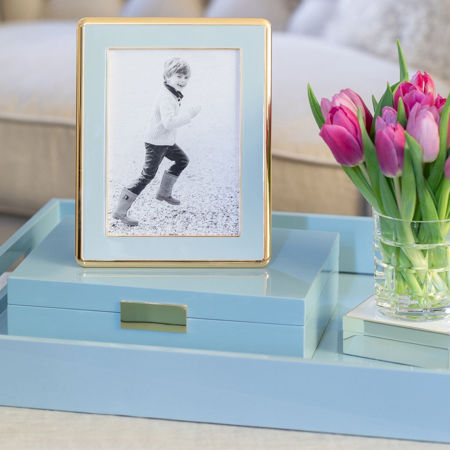 Large pale blue storage box with gold plated clasp