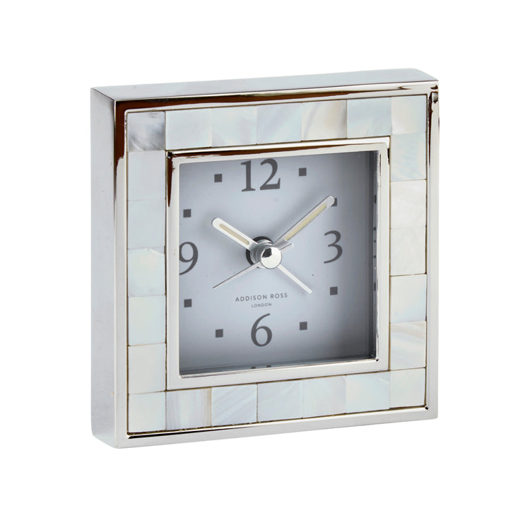 Mother of Pearl Shell & Silver Square Silent Alarm Clock - Addison Ross Ltd UK