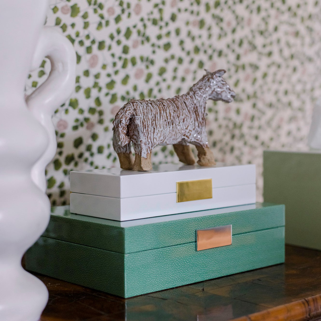 Green Shagreen Storage Box: Gold Trim