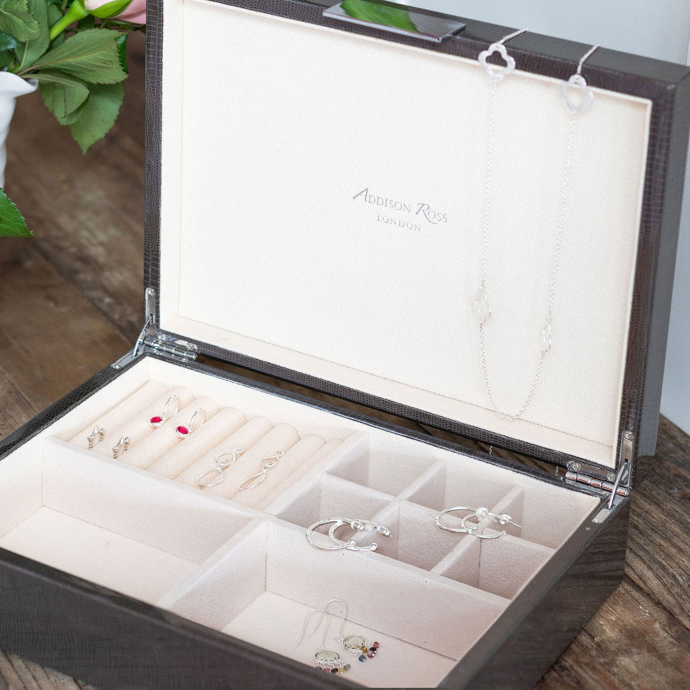 Large brown jewelry box with suede interior