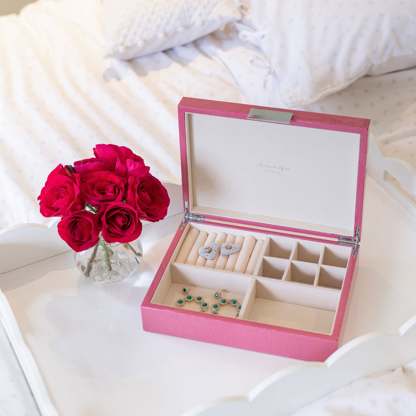 Large pink jewelry box with suede interior