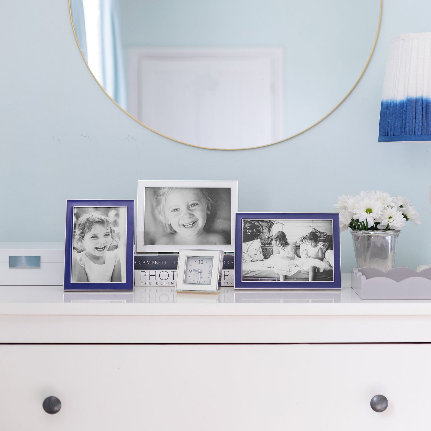 Three Enamel Photo Frames with Silver Trim