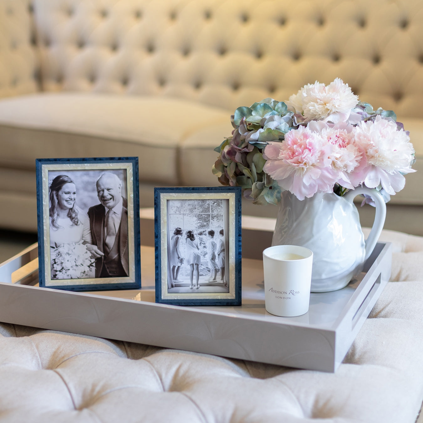 A pair of Navy Blue Wood Veneer & Mother of Pearl Marquetry photo frames