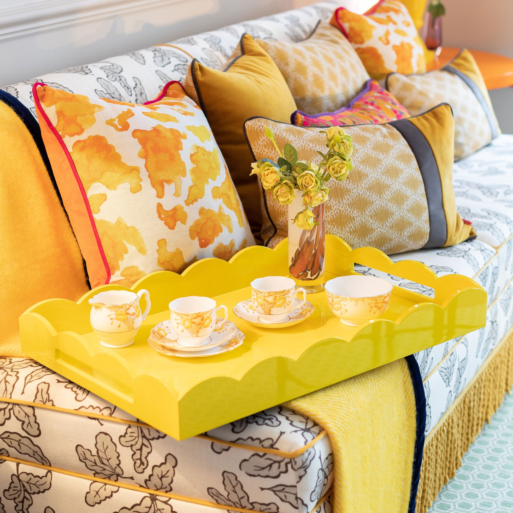 Large Scalloped Edge Tray - Yellow Lacquer Serving Tray | Addison