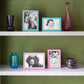 Four Silver Trim, Enamel Photo Frames on a bookshelf