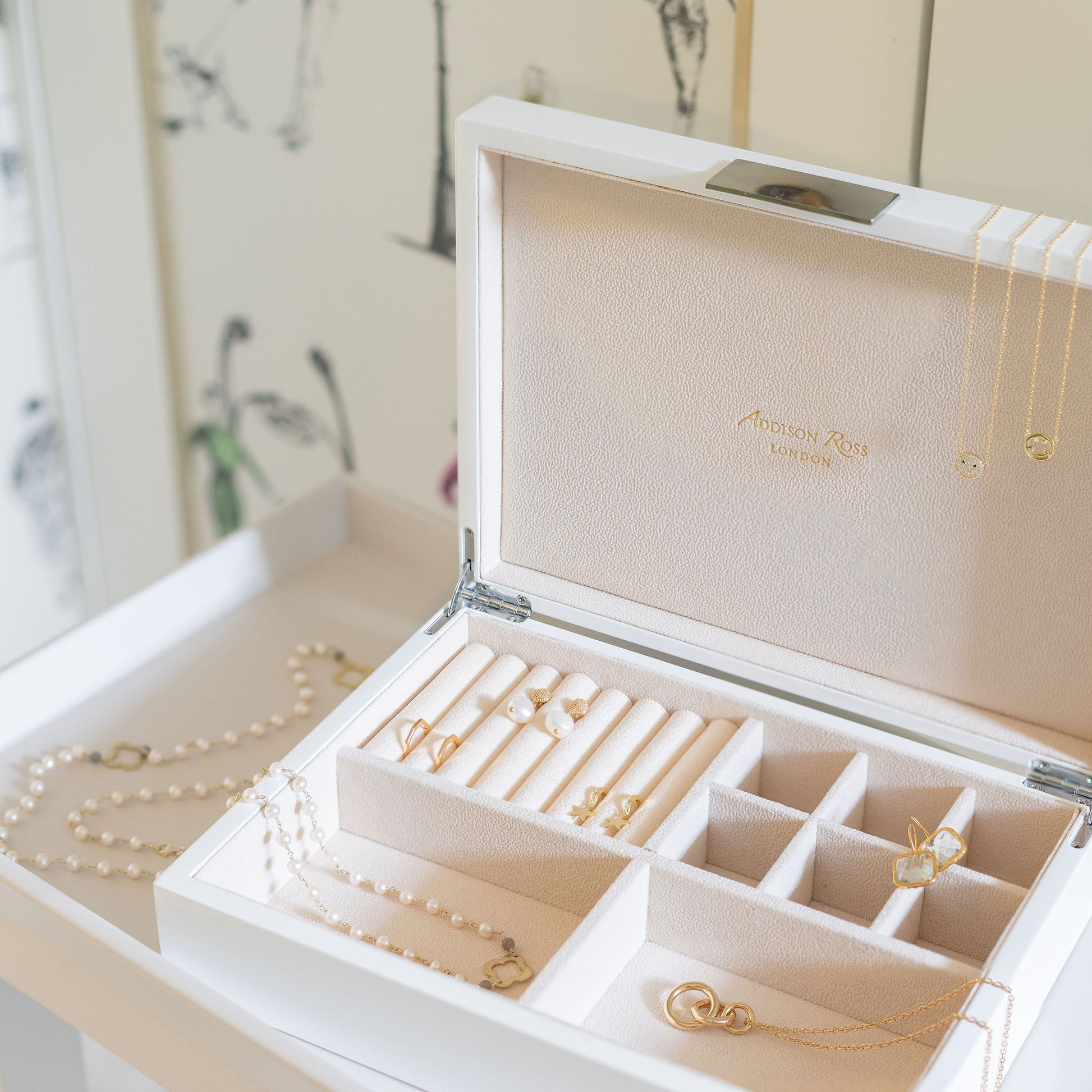 Large white jewelry box with suede interior