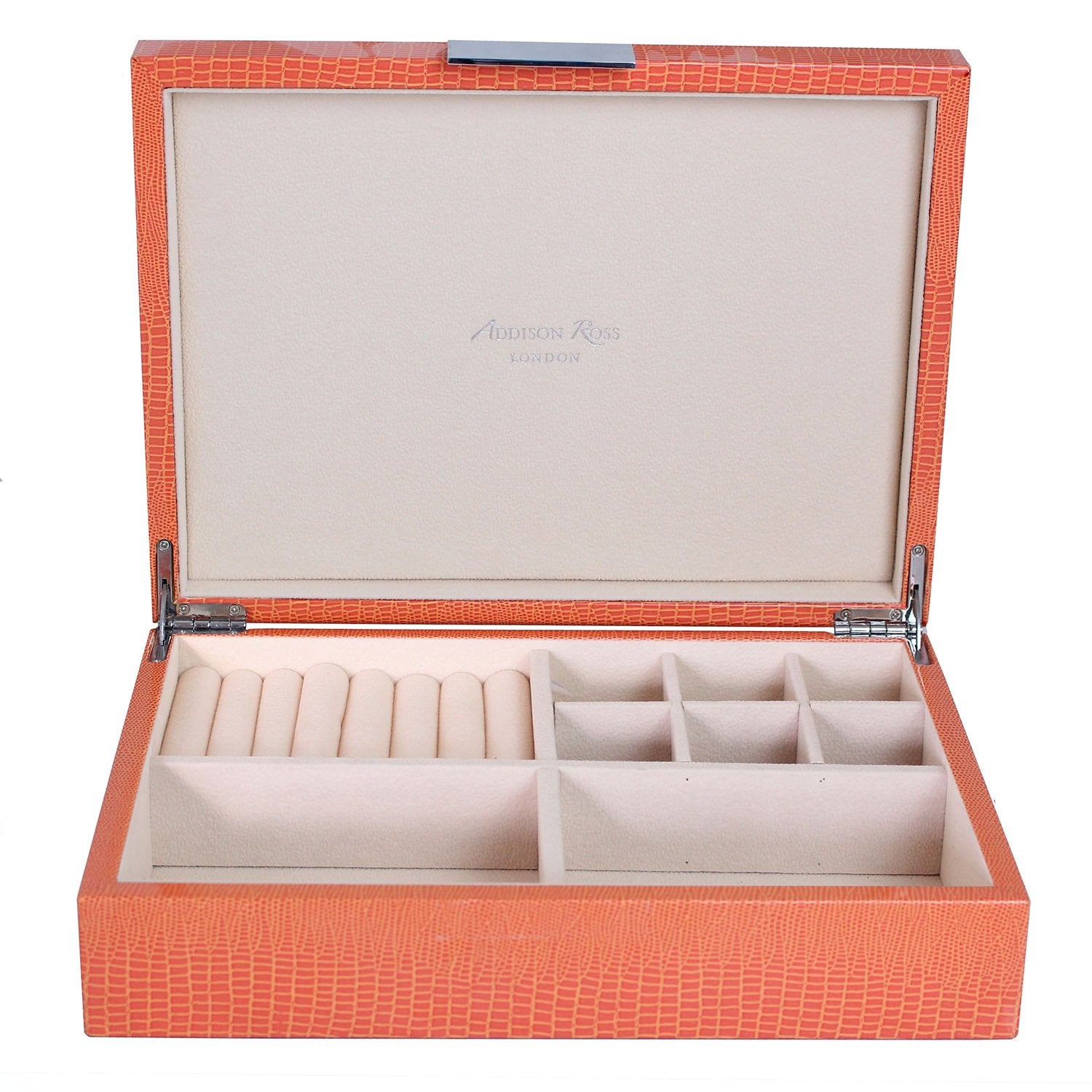 Large orange jewelry box with suede interior