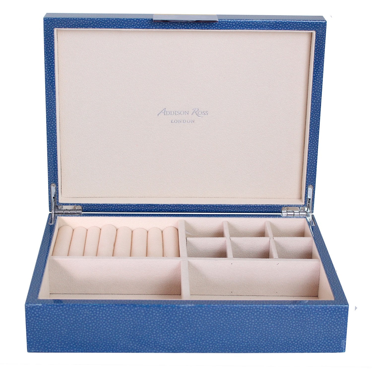 Large blue jewelry box with cream suede interior