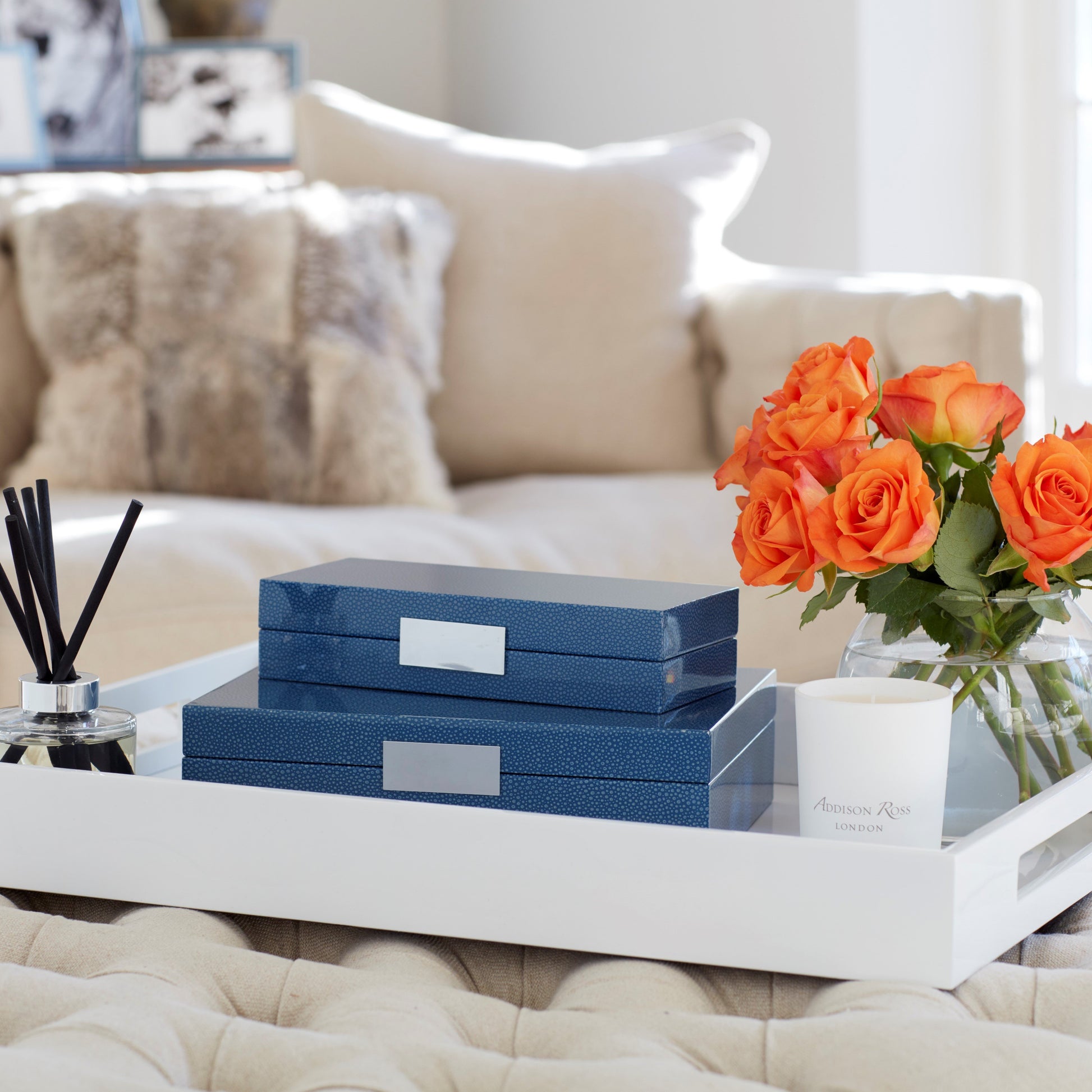 A stack of blue storage boxes