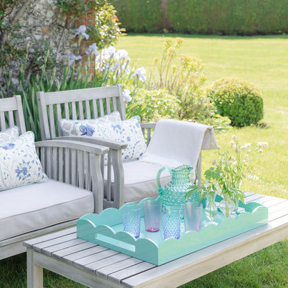 Glasses and jug on a turquoise blue lacquer tray with a scalloped edge