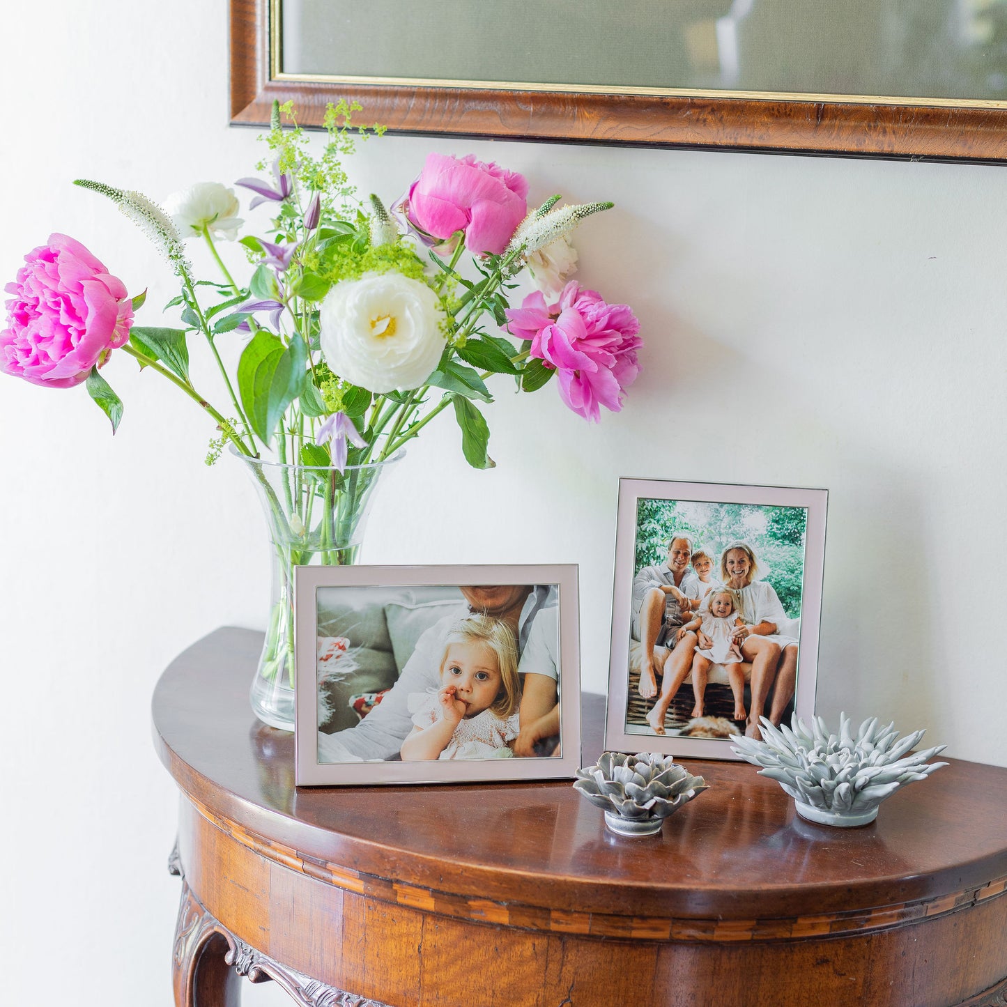 A pair of Silver Trim, Light Pink Enamel Photo Frames