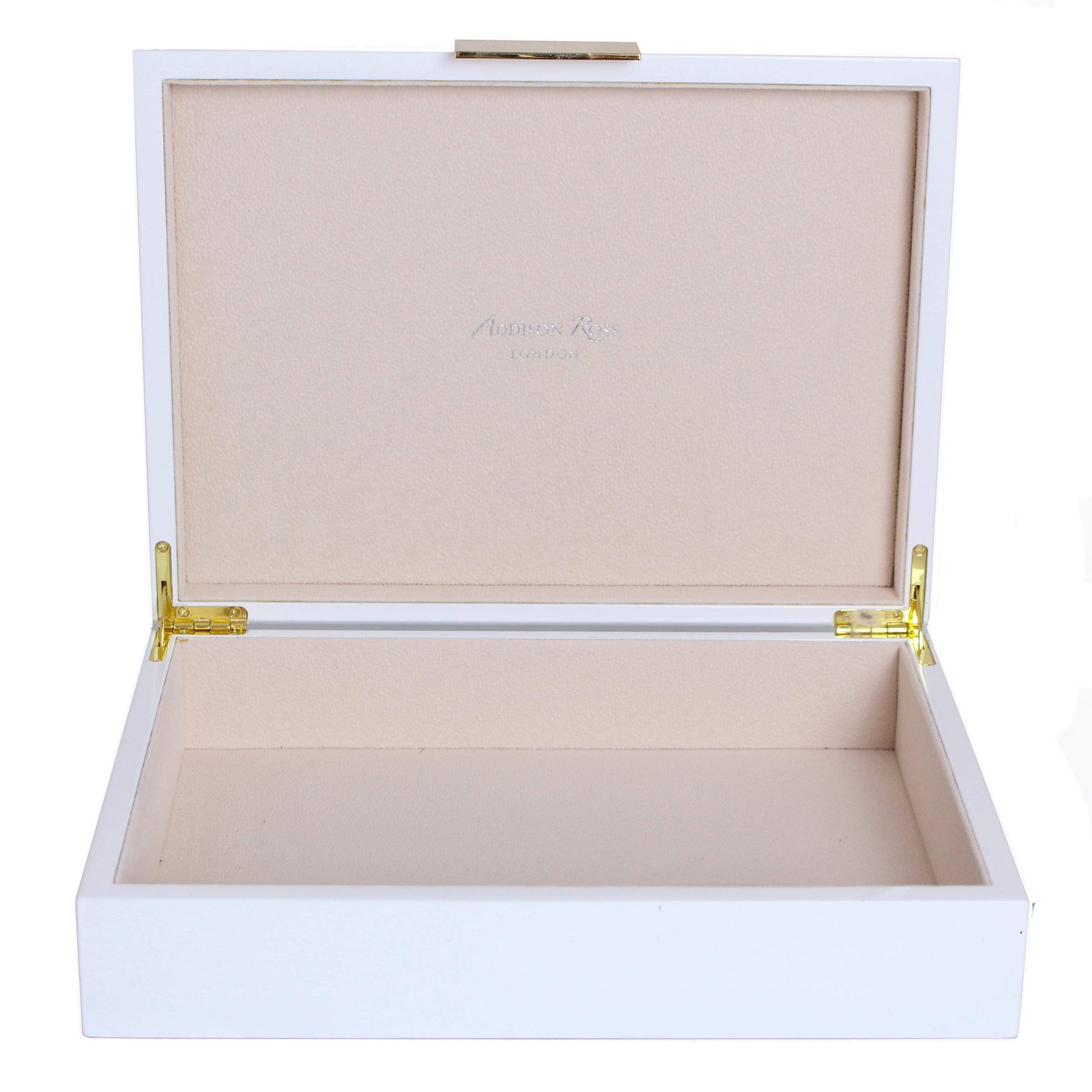 Large white storage box with cream suede interior