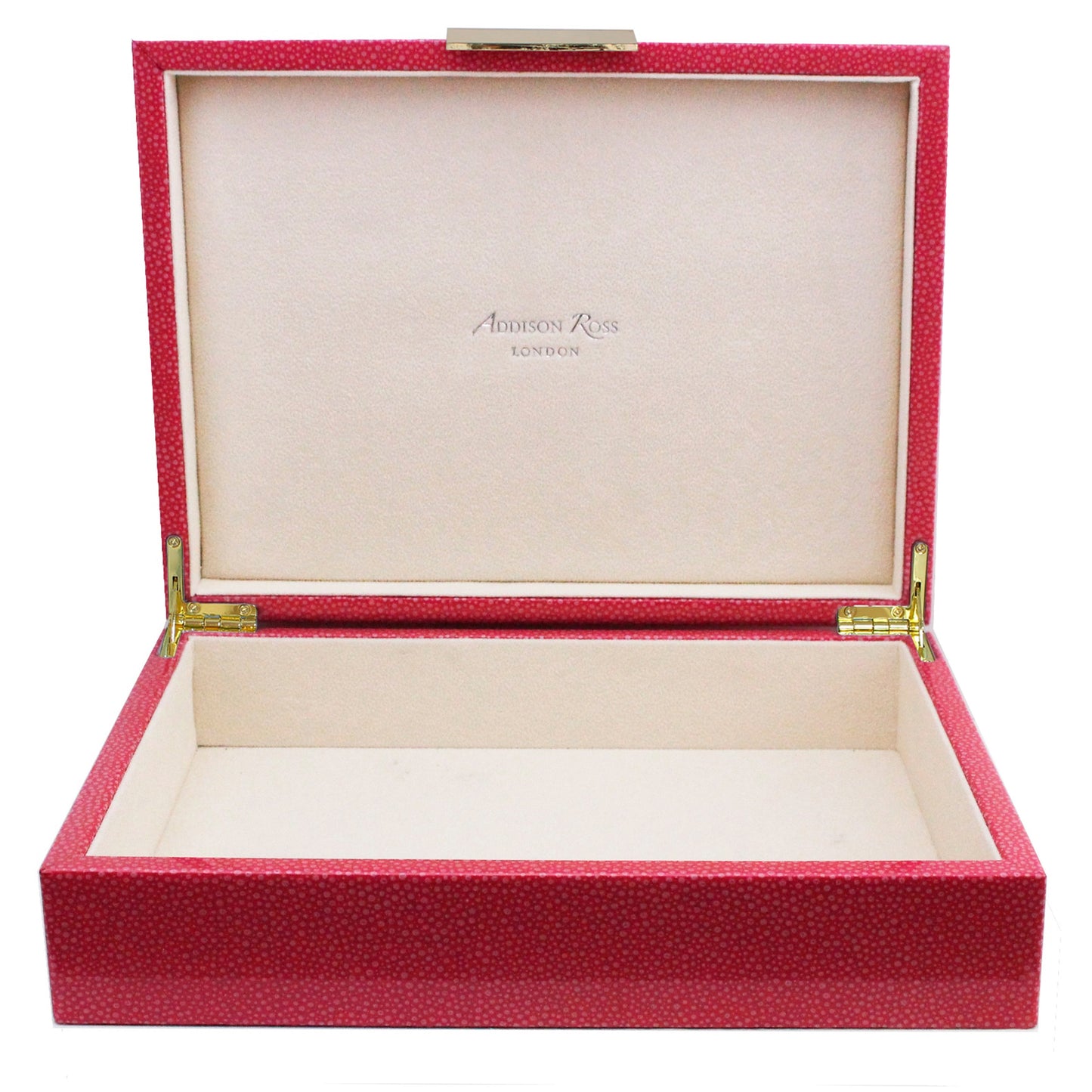 Large pink storage box with cream suede interior