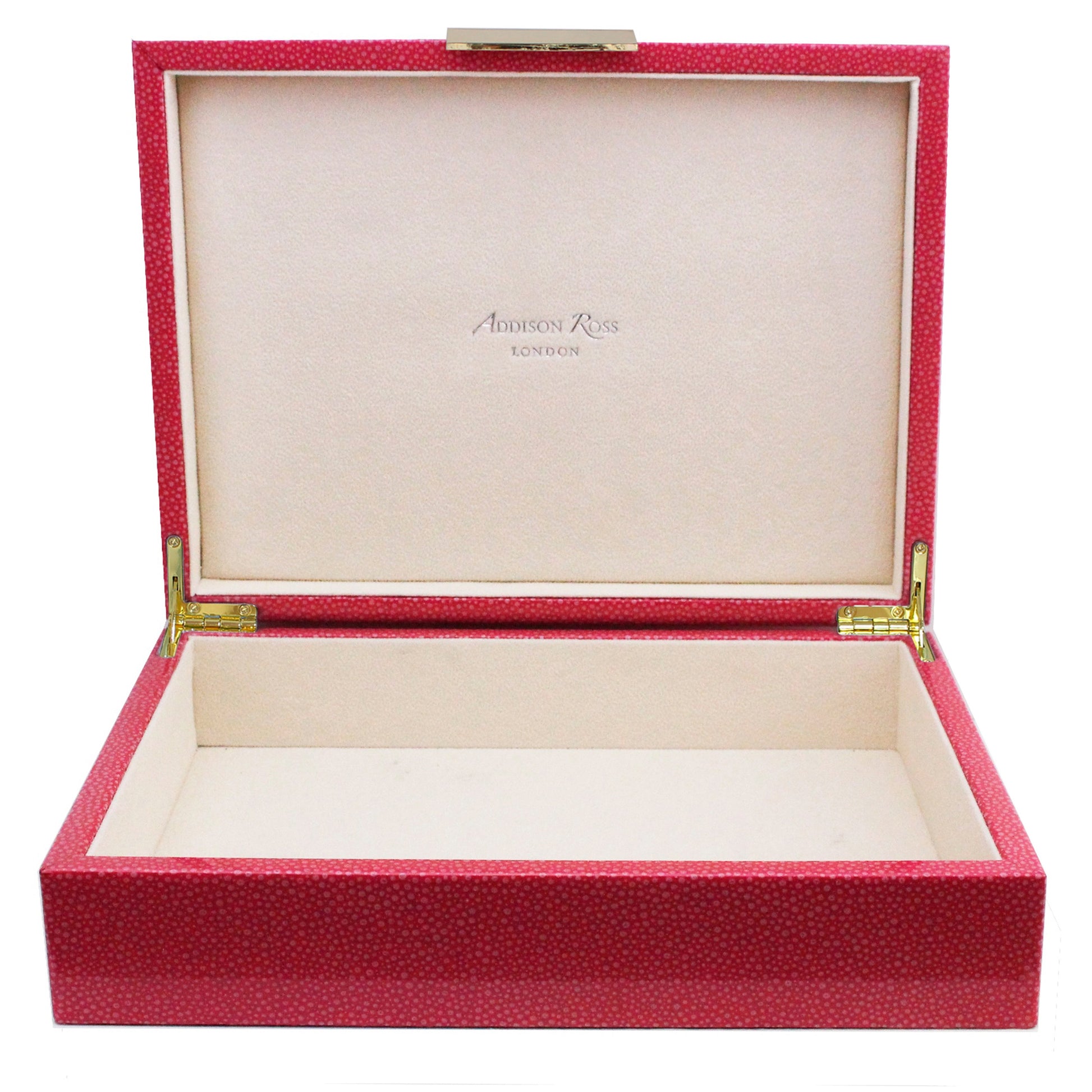 Large pink storage box with cream suede interior