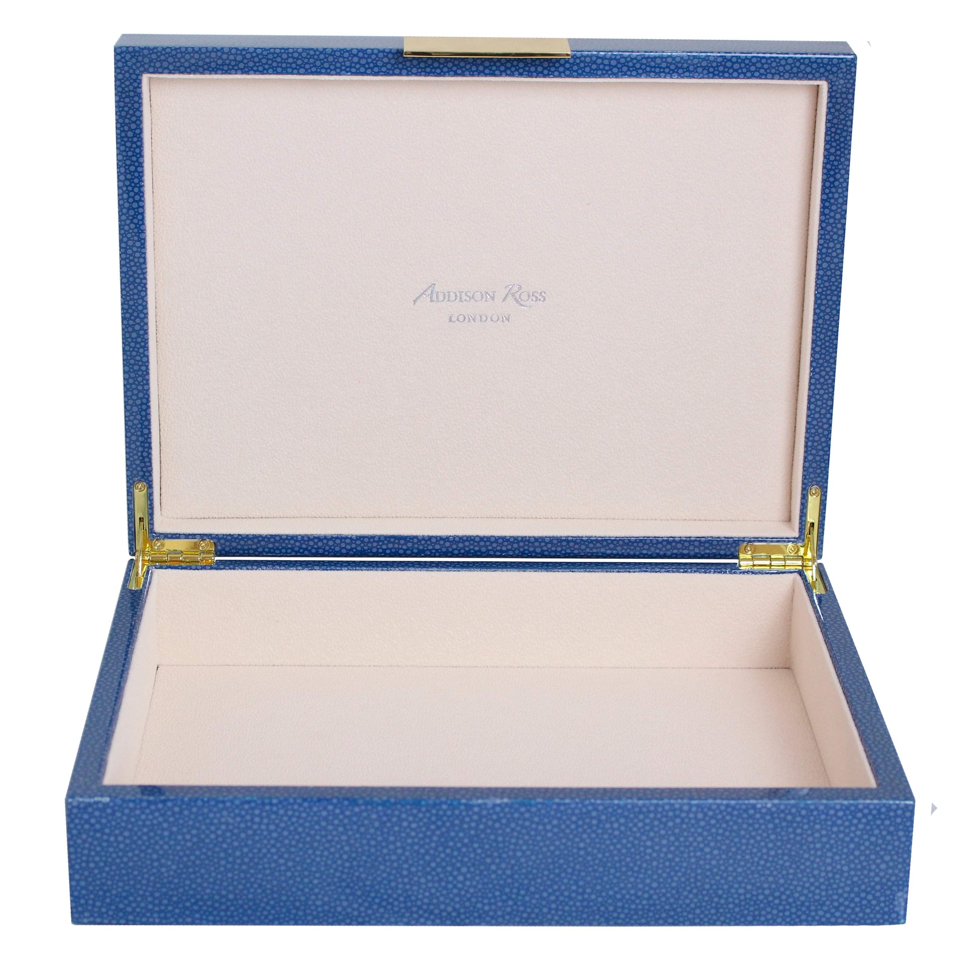 Large blue storage box with cream suede interior