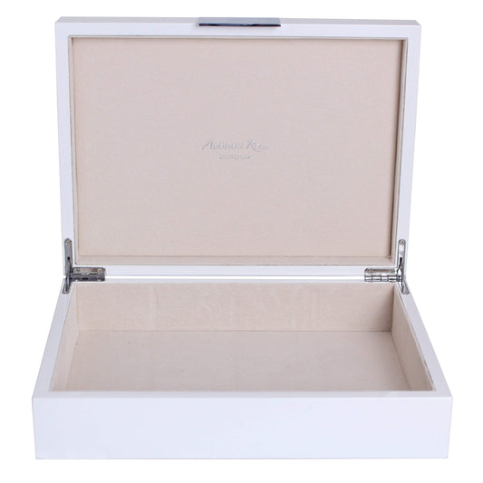 Large white storage box with cream suede interior