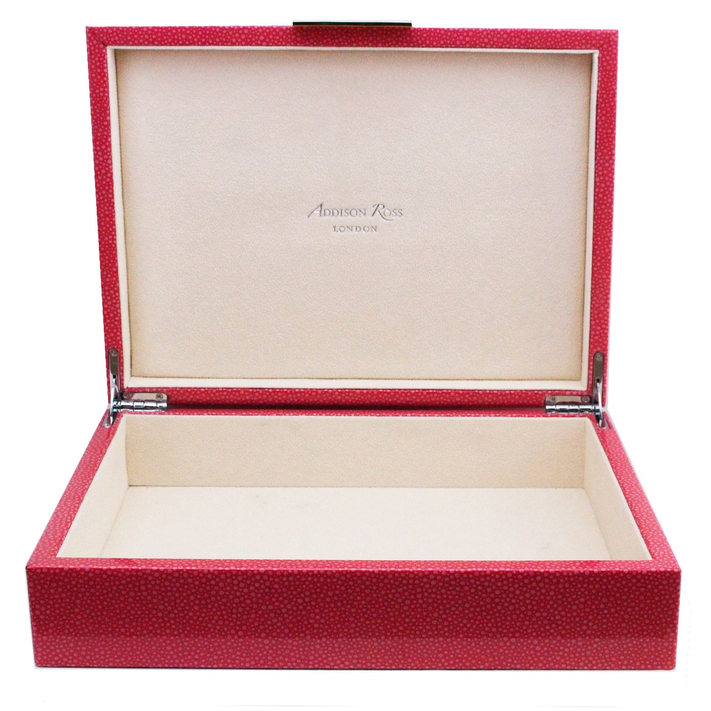 Large pink storage box with cream suede interior