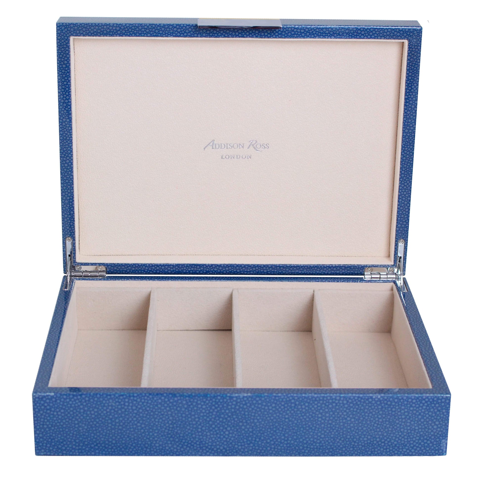 Large blue glasses box with cream suede interior