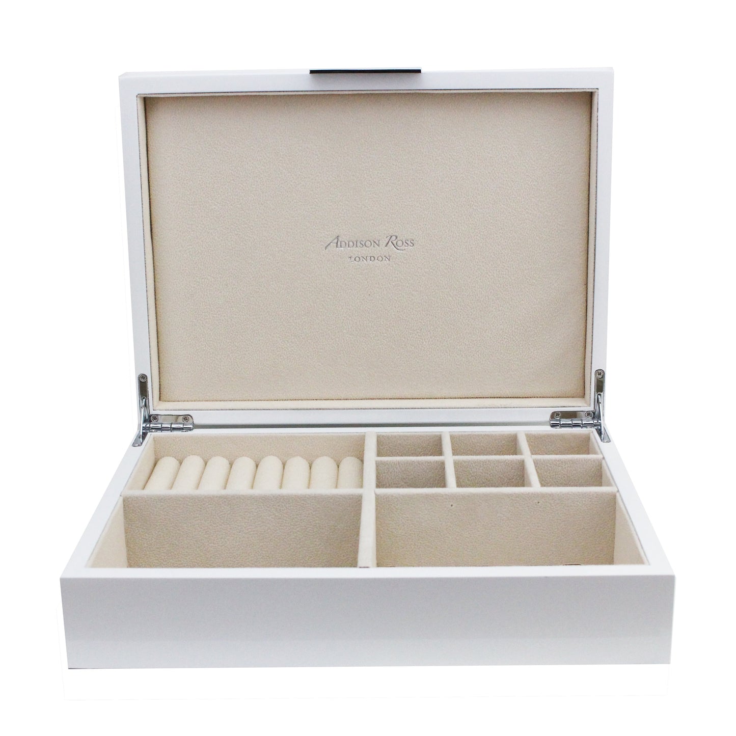 Large white jewelry box with suede interior